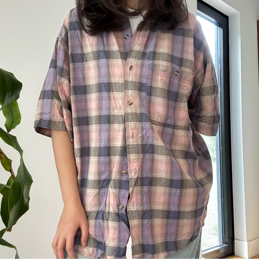 VINTAGE COLO WEAR PLAID  PURPLE PINK SHORT SLEEVE SHIRT - L